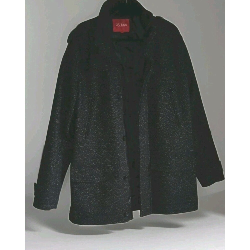 Guess Mens Black Wool Pea Coat Sz L Tweed Classic Preppy Business Casual Dapper